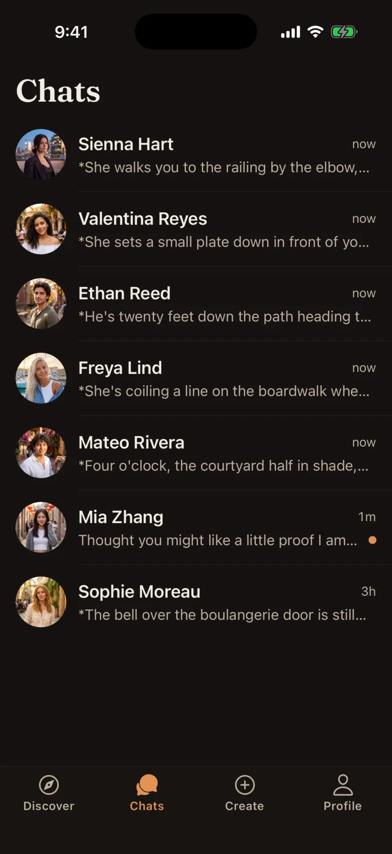 The Chats tab: a list of open conversations, each with the last line the companion sent.