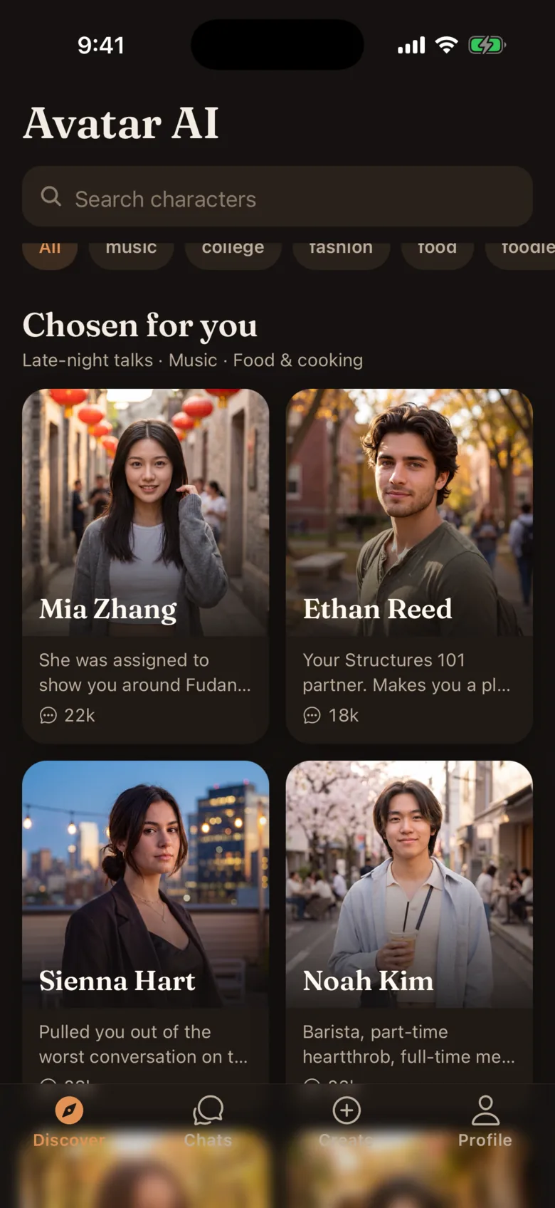 The Discover grid in Avatar AI, showing four companion cards with their chat counts.
