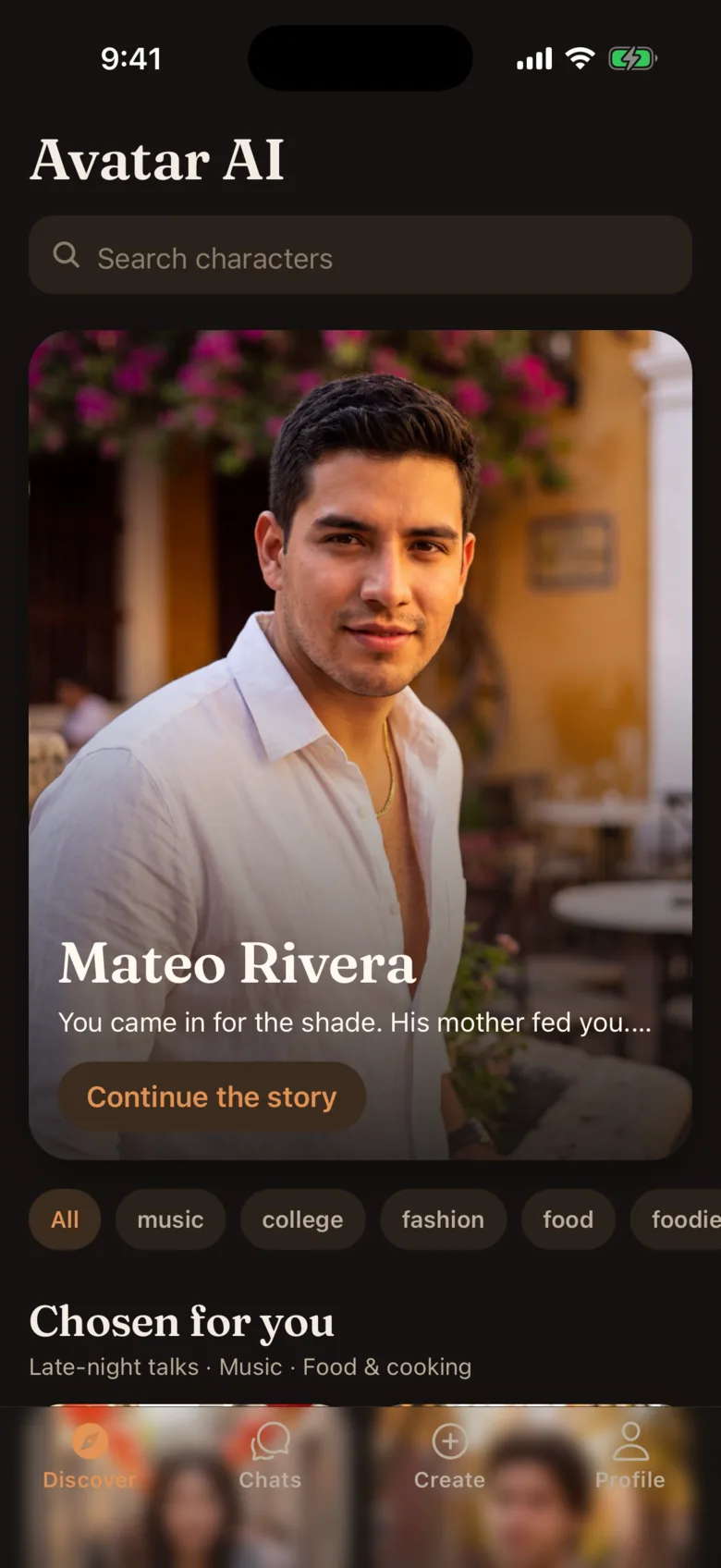 The Discover screen in Avatar AI, a grid of companion cards.