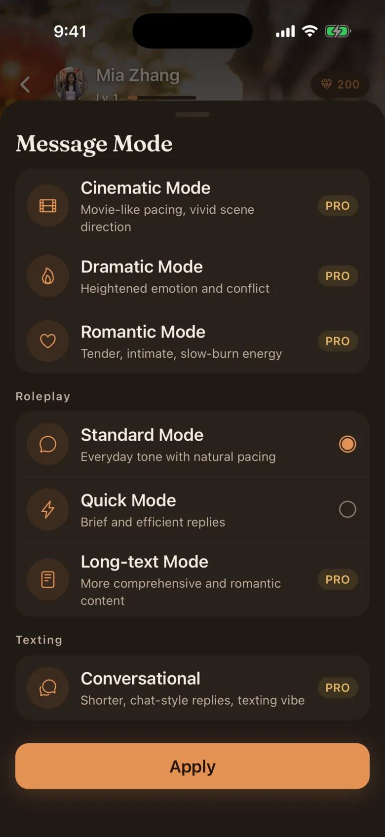 The Message Mode sheet, with Cinematic, Dramatic, Romantic, Standard, Quick, Long-text and Conversational modes.